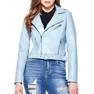 Medium GUESS Baby Blue Scarlett Faux Leatherette double breasted Moto Jacket